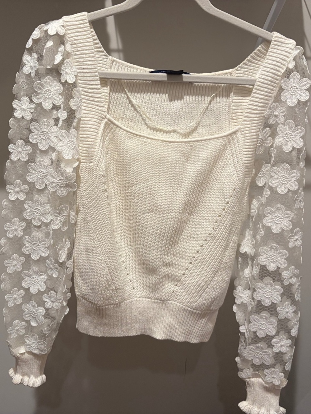 French Connection Juliet Mozart Caballo Floral Lace Sleeve Sweater White